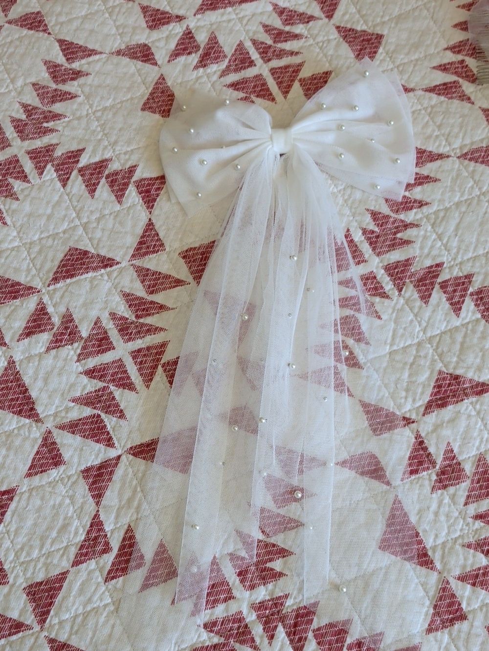 White Tulle Bridal Bow Hair Clip with Pearl Accents